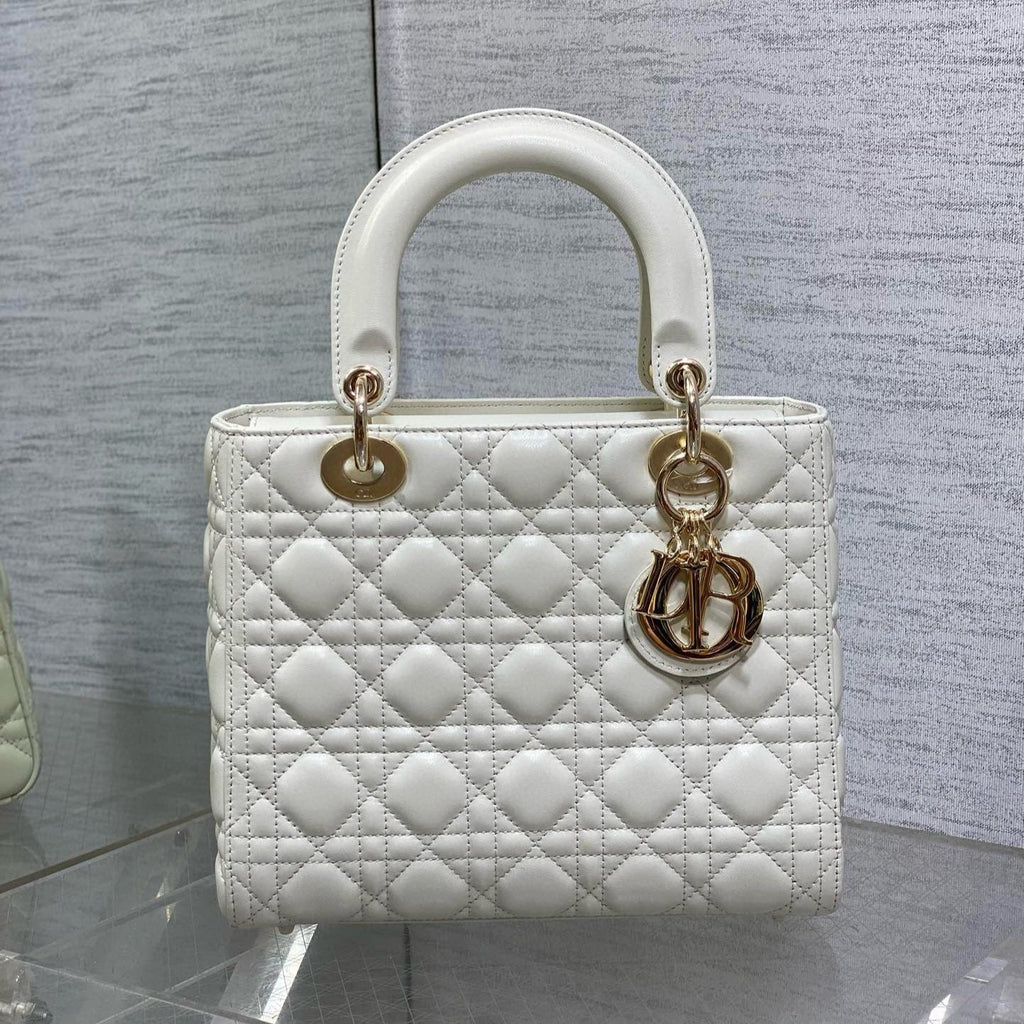 DIOR LADY BAG 24 IN WHITE CALFSKIN GOLD HARDWARE