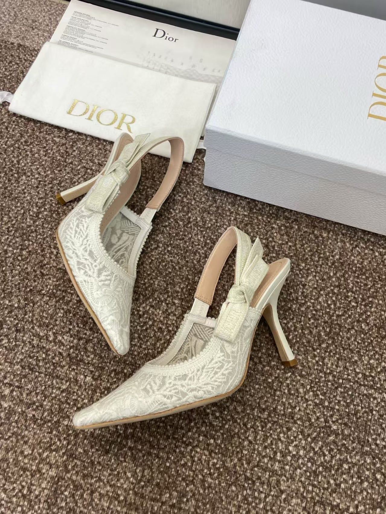 DIOR J'A SLINGBACK PUMPS IN IVORY WHITE EMBROIDERED LACE
