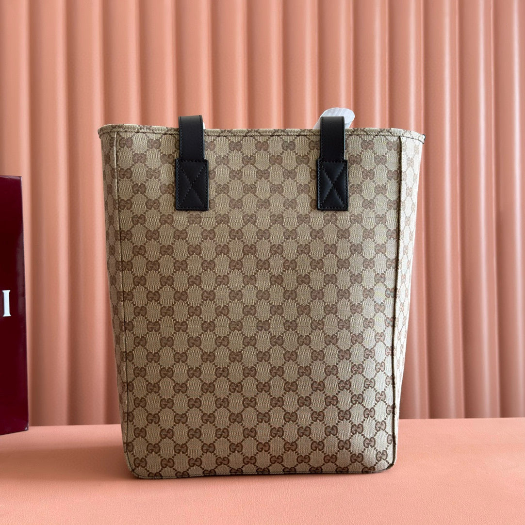GUCCI OPHIDIA FRONT ZIP POCKET TOTE BAG 36 IN BEIGE AND BROWN CANVAS