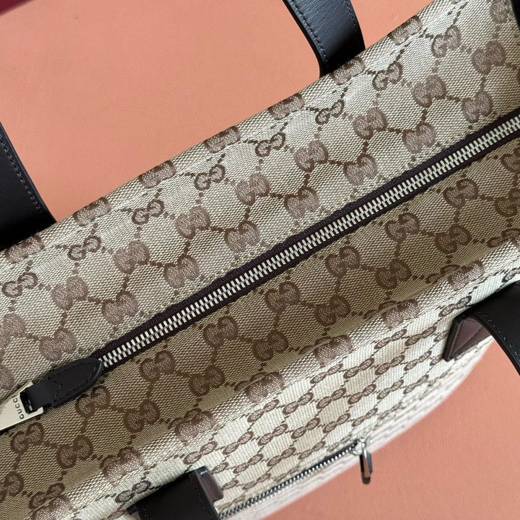 GUCCI OPHIDIA FRONT ZIP POCKET TOTE BAG 36 IN BEIGE AND BROWN CANVAS