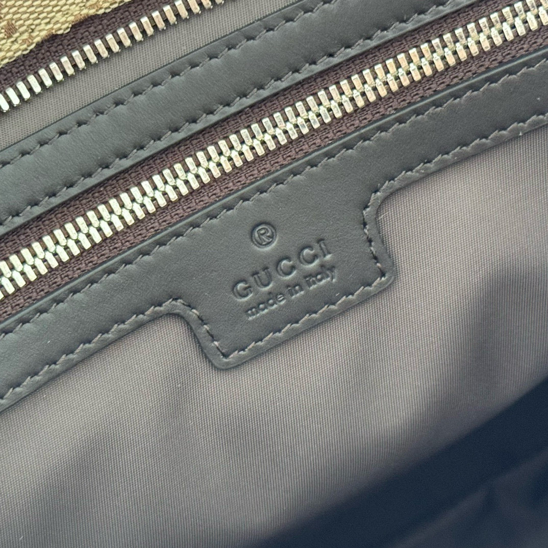 GUCCI OPHIDIA FRONT ZIP POCKET TOTE BAG 36 IN BEIGE AND BROWN CANVAS