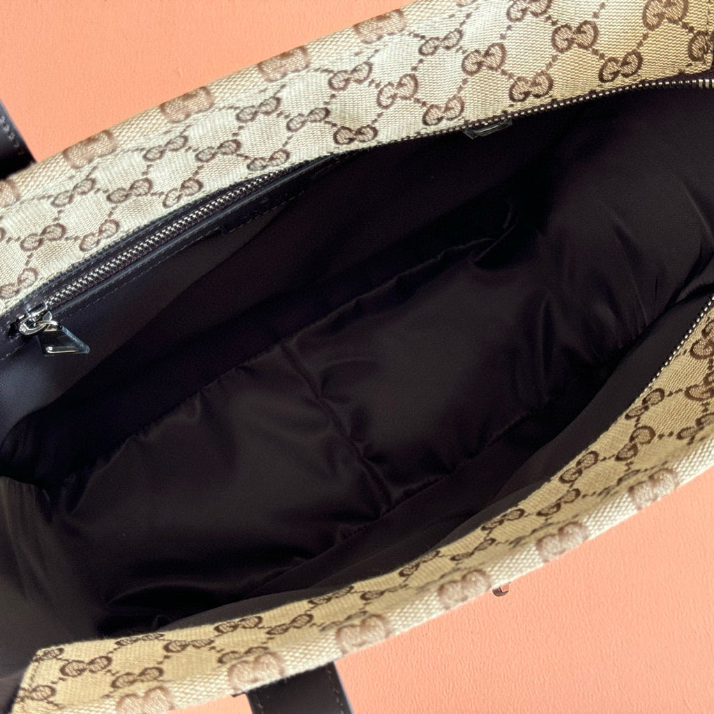GUCCI OPHIDIA FRONT ZIP POCKET TOTE BAG 36 IN BEIGE AND BROWN CANVAS