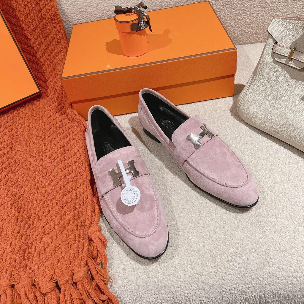 HERMES PARIS LOAFER IN PINK SUEDE SILVER HARDWARE
