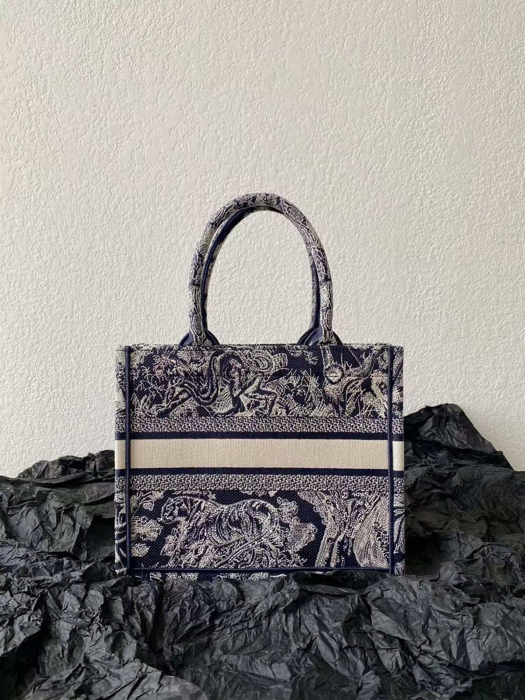DIOR MISS SMALL TOTE 26 IN NAVY BLUE AND WHITE CANVAS