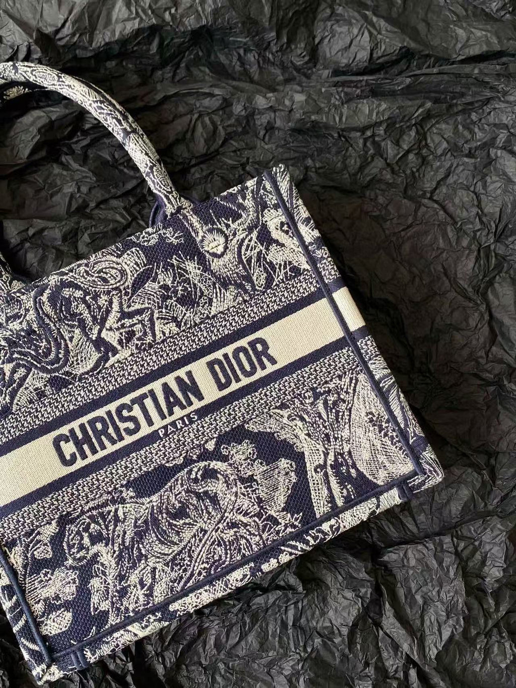 DIOR MISS SMALL TOTE 26 IN NAVY BLUE AND WHITE CANVAS