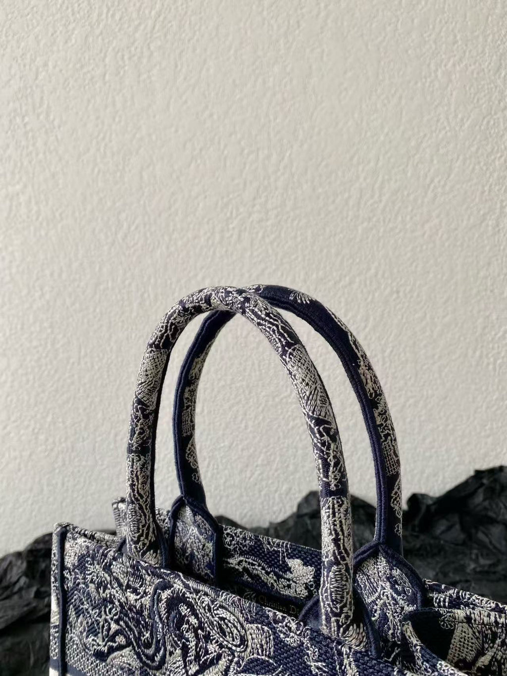 DIOR MISS SMALL TOTE 26 IN NAVY BLUE AND WHITE CANVAS