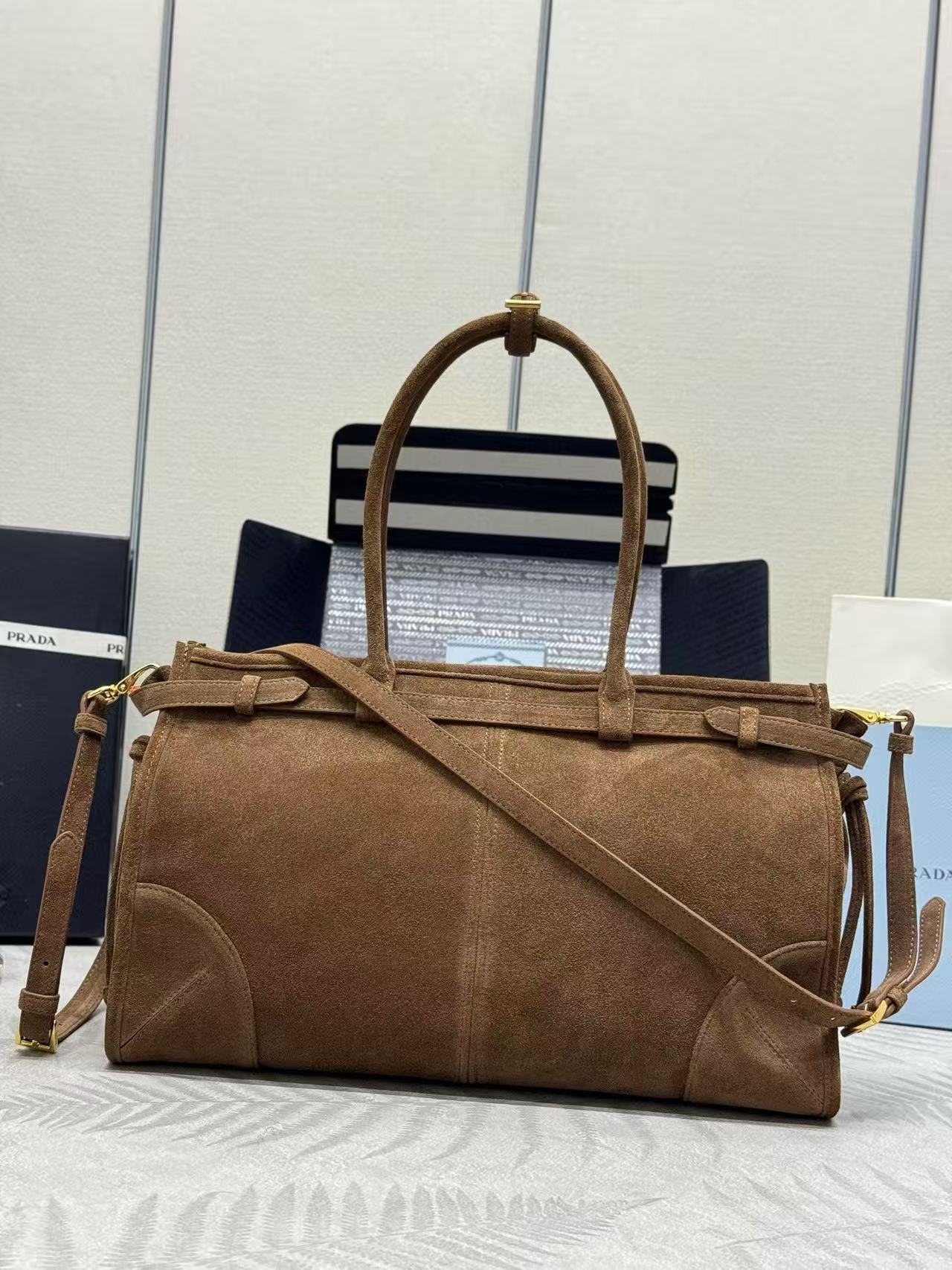 PRADA TOTE BAG WITH BELT 38 IN CHOCOLATE BROWN SUEDE GOLD HARDWARE