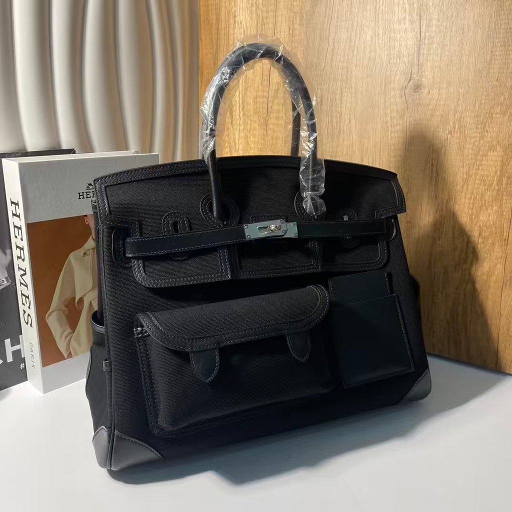 HERMES BIRKIN CARGO 35CM BLACK CANVAS AND LEATHER SILVER HARDWARE