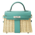 HERMES KELLY 20CM JAUNE DE NAPLES SWIFT IN TURQUOISE LEATHER AND WICKER SILVER HARDWARE