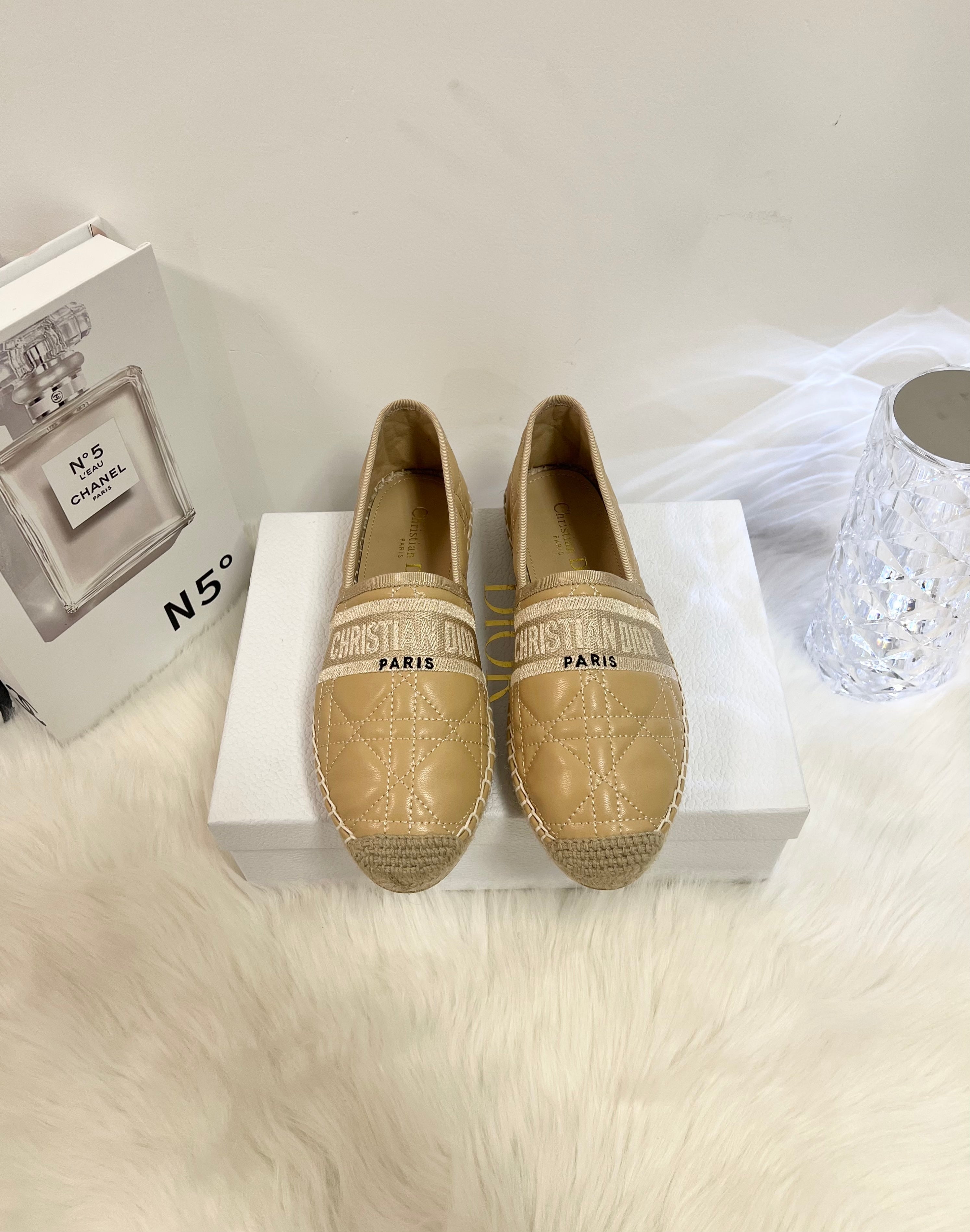 DIOR GRANVILLE ESPADRILLE CAMEL BEIGE QUILTED CANNAGE CALFSKIN