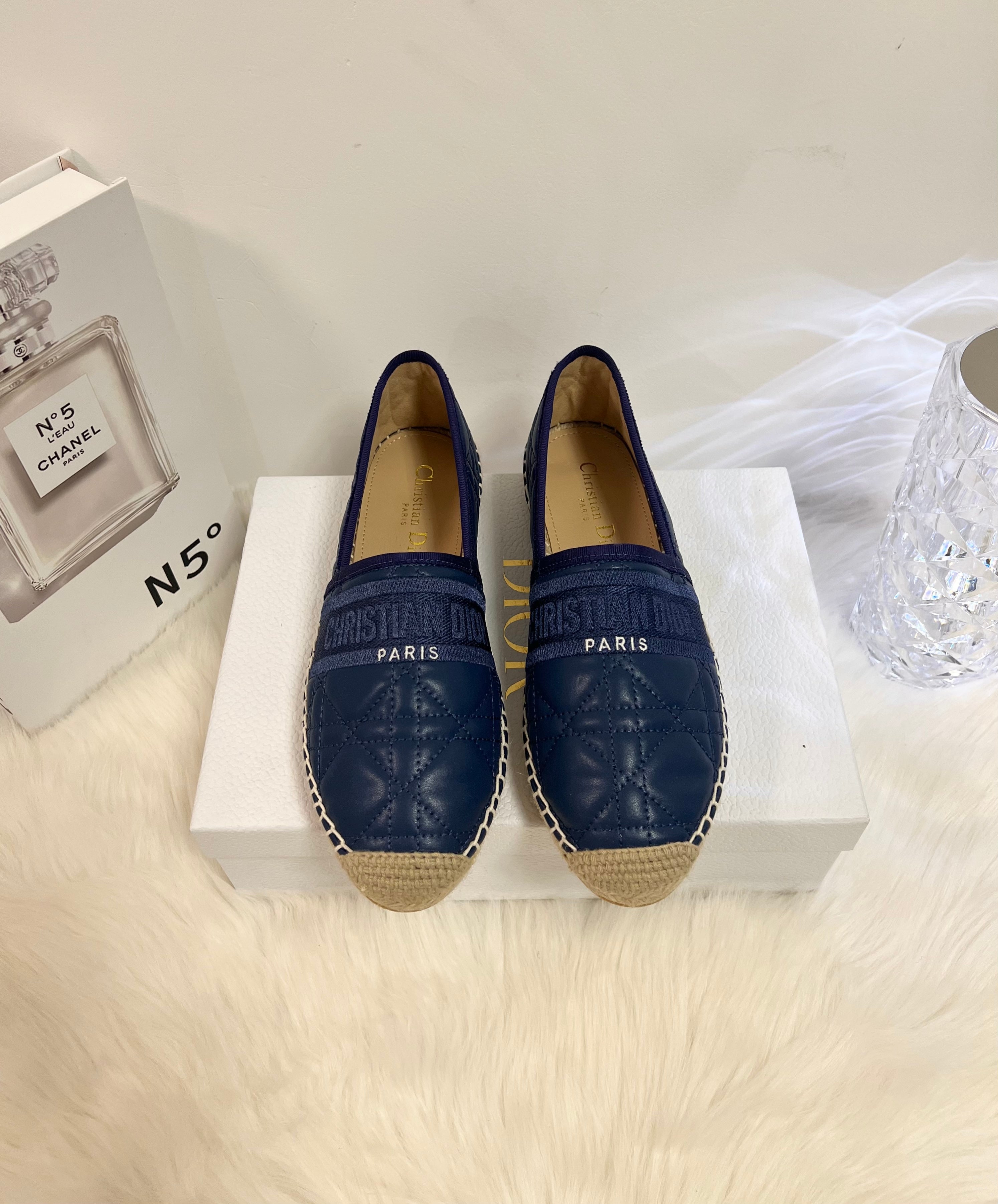 DIOR GRANVILLE ESPADRILLE NAVY BLUE QUILTED CANNAGE CALFSKIN