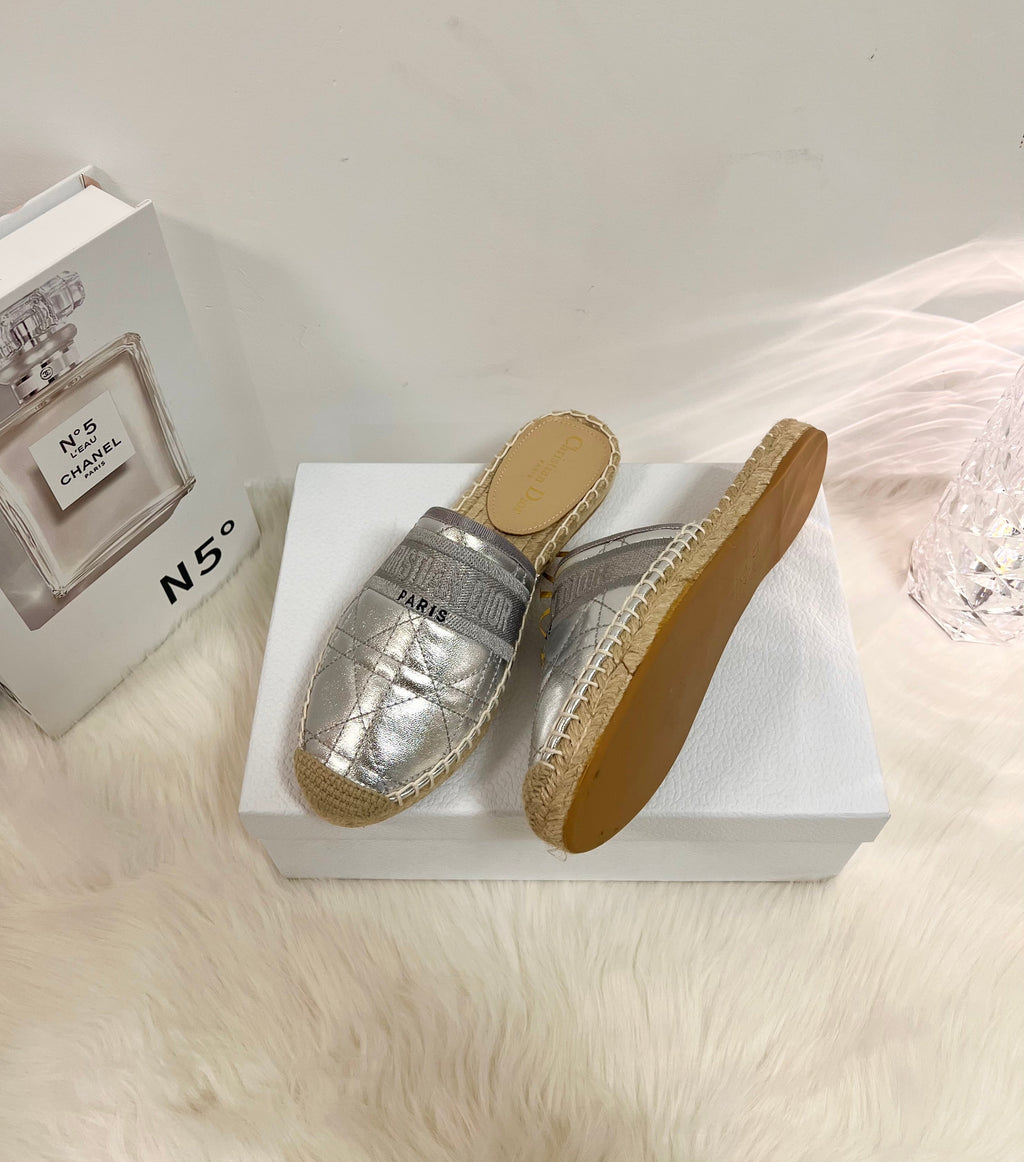 DIOR GRANVILLE ESPADRILLE MULE SILVER QUILTED CANNAGE CALFSKIN