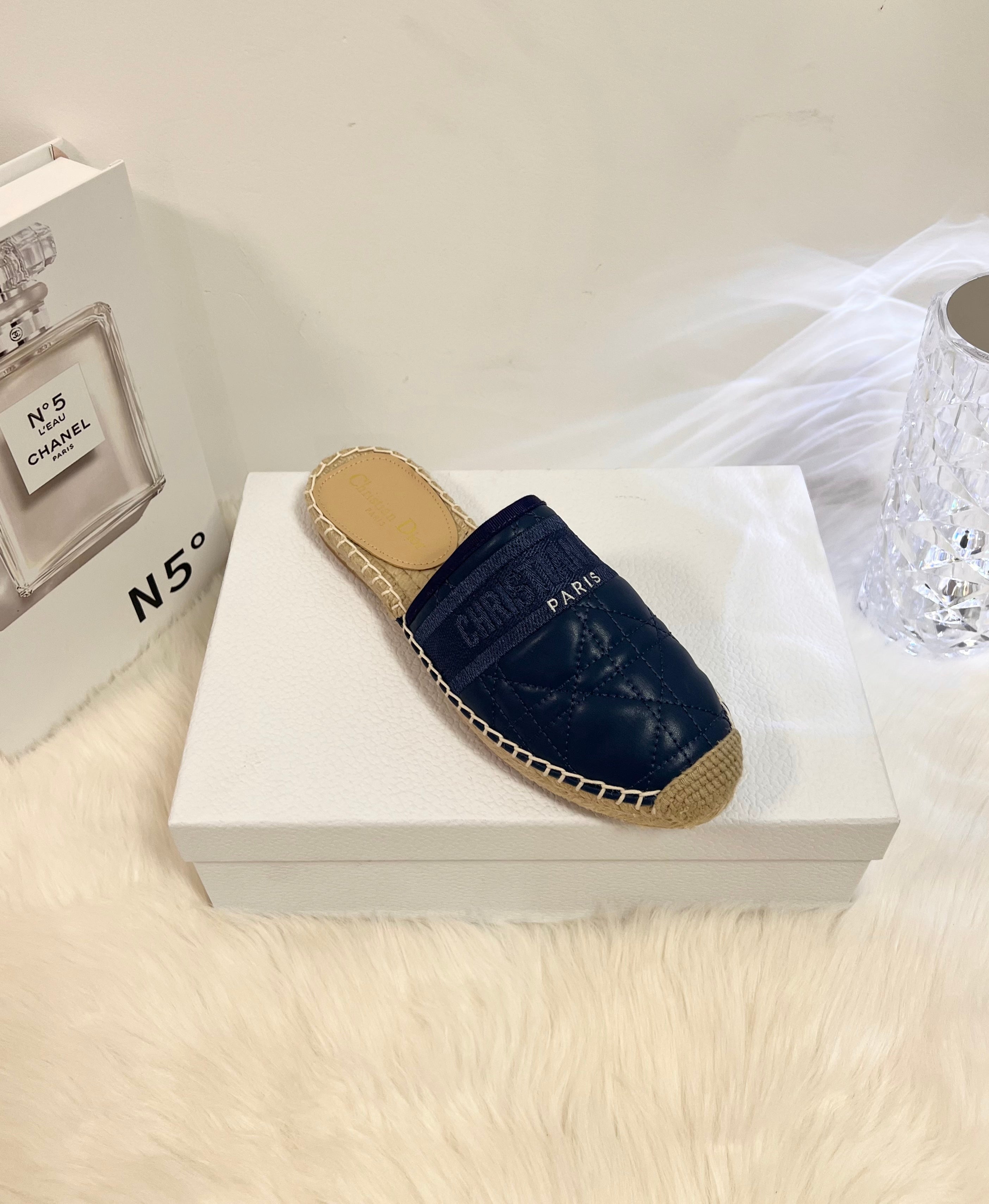 DIOR GRANVILLE ESPADRILLE MULE NAVY BLUE QUILTED CANNAGE CALFSKIN