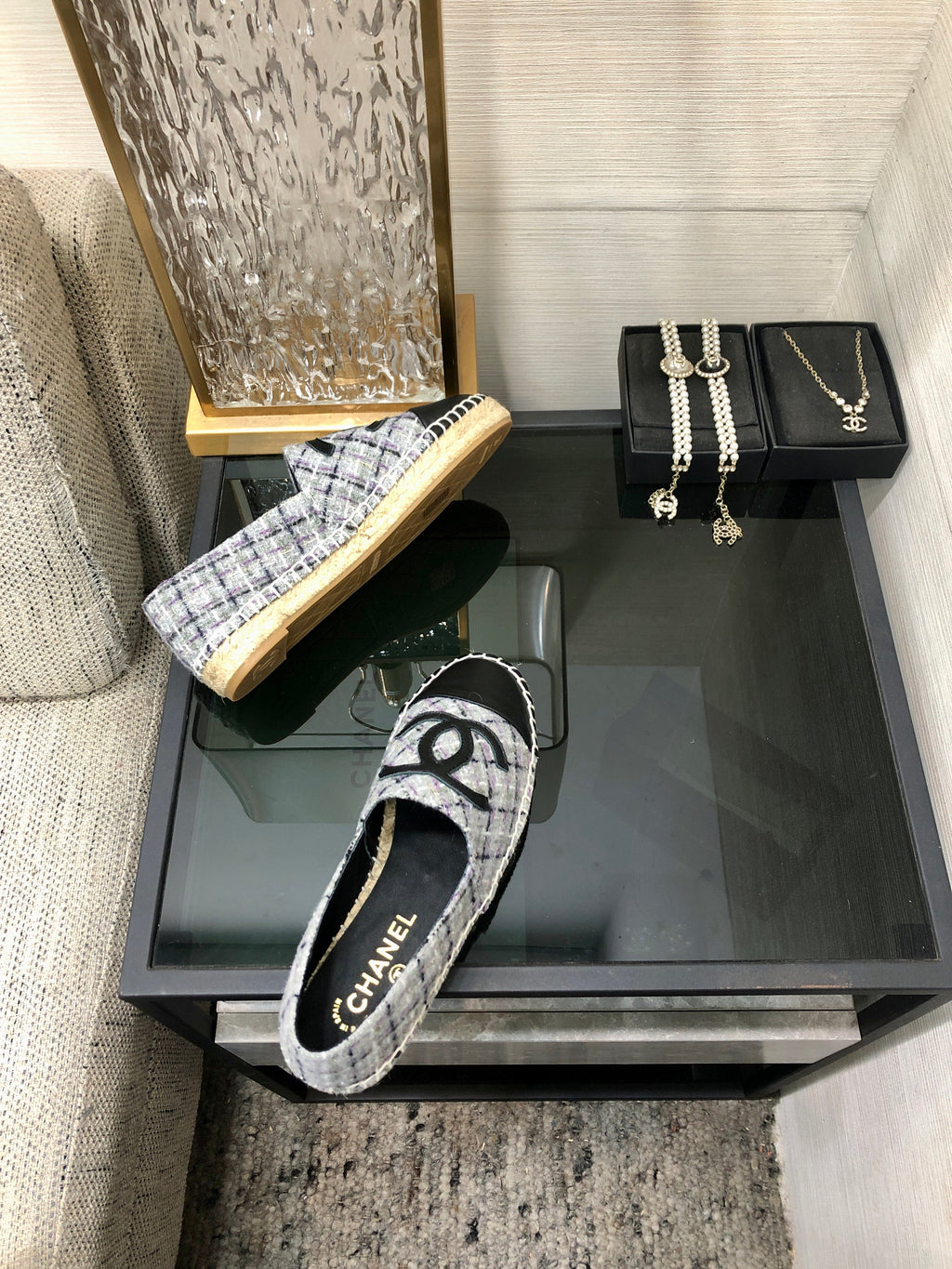 CHANEL ESPADRILLE COLORFUL TWEED FABRIC AND BLACK CALFSKIN FLATS