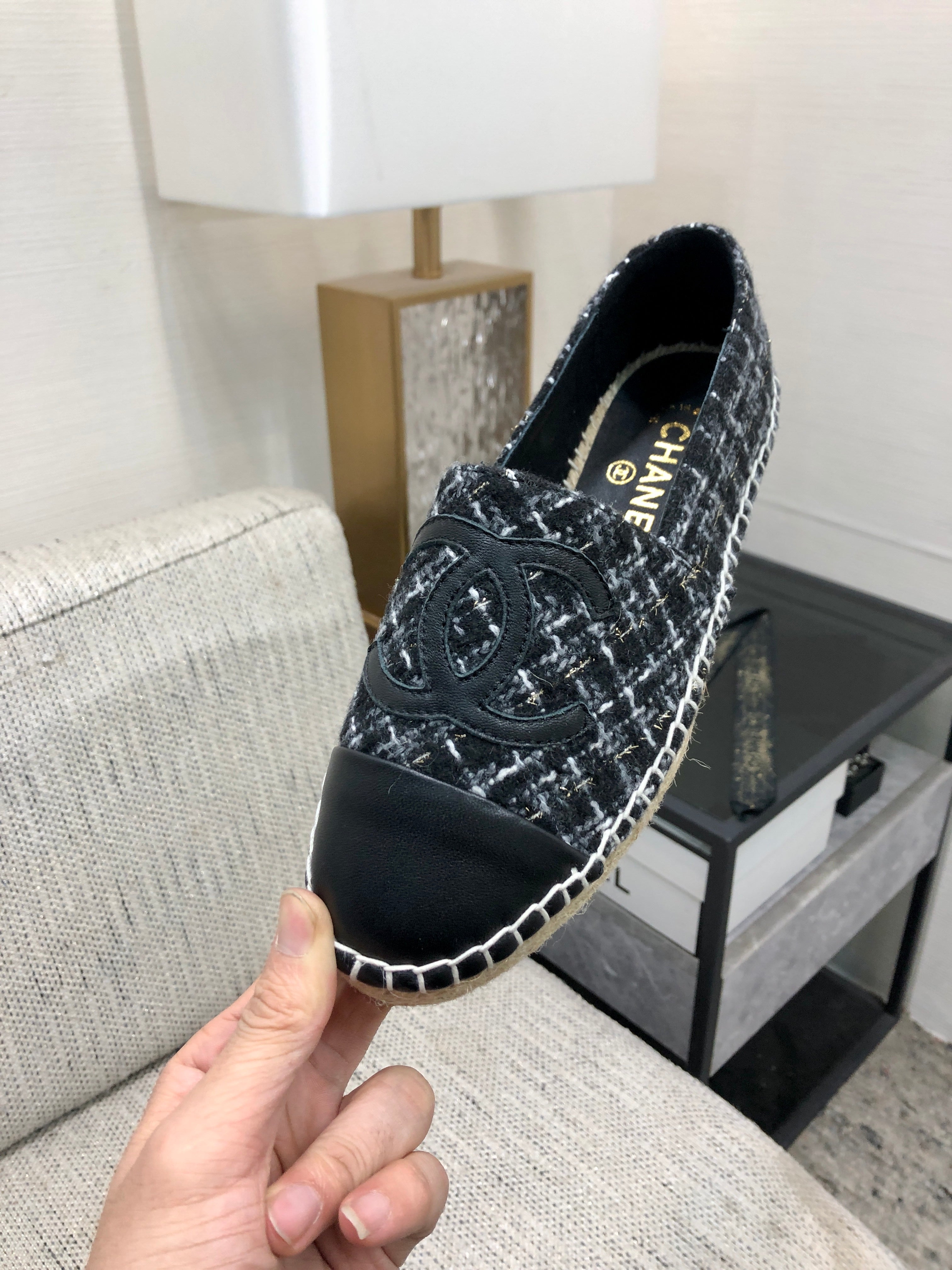 CHANEL ESPADRILLE BLACK MIX WHITE TWEED FABRIC AND CALFSKIN FLATS