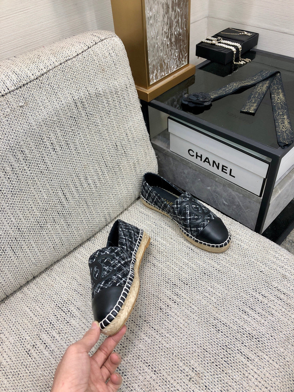 CHANEL ESPADRILLE BLACK MIX WHITE TWEED FABRIC AND CALFSKIN FLATS