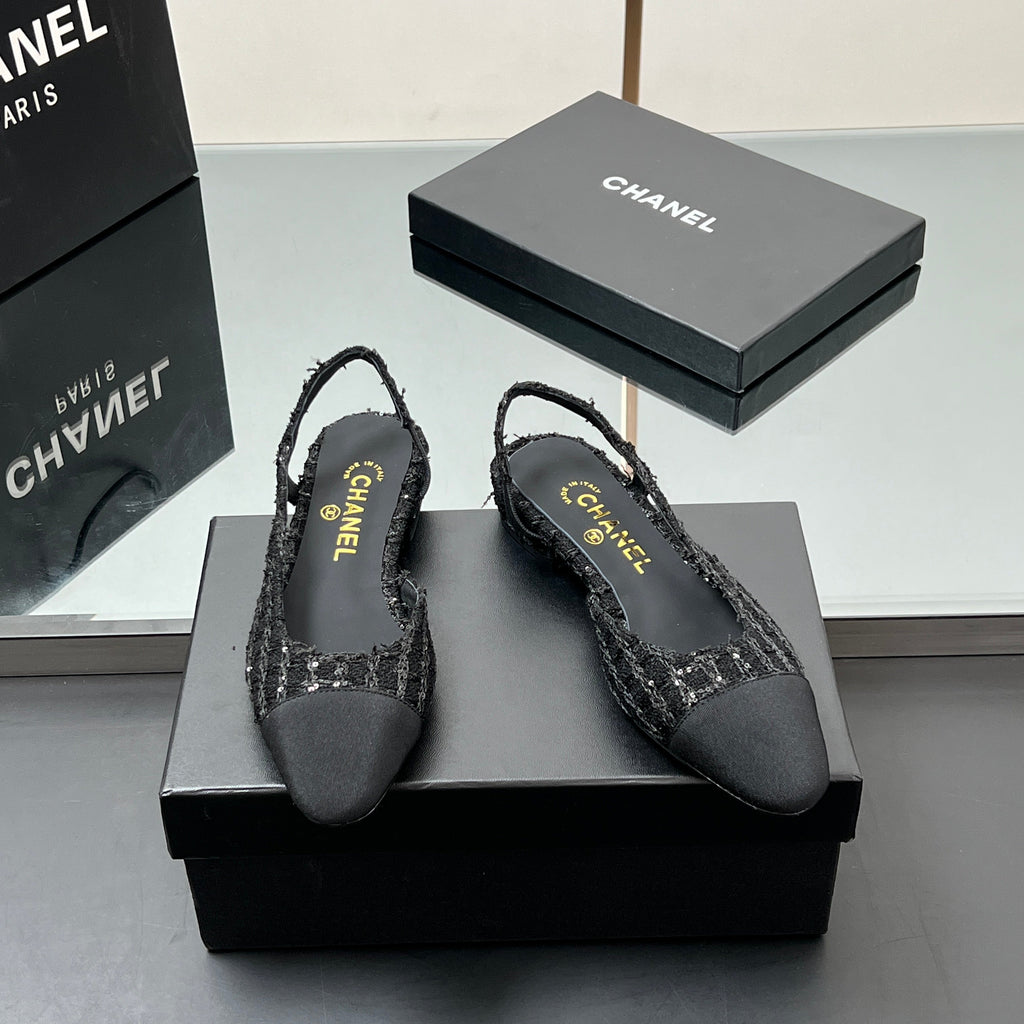 CHANEL SLINGBACK 25S IN BLACK FABRIC AND TWEED SEQUINED