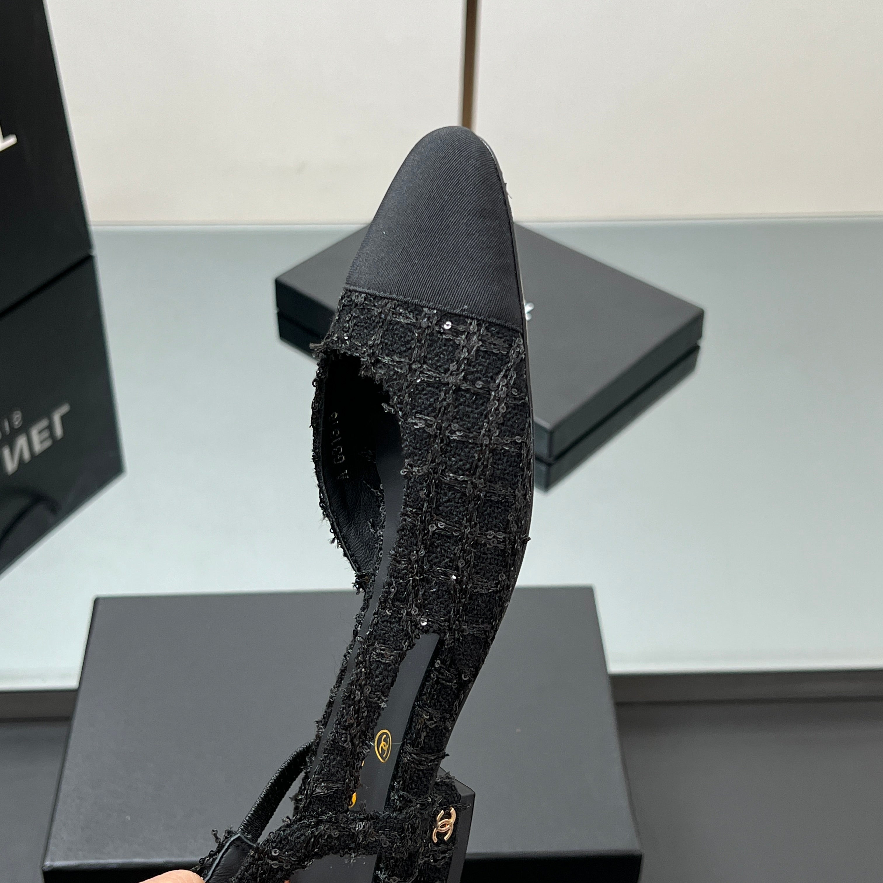 CHANEL SLINGBACK 25S IN BLACK FABRIC AND TWEED SEQUINED