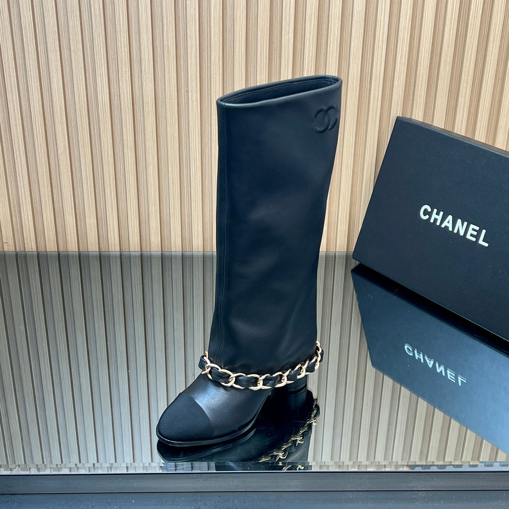 CHANEL 25S KNEE-HIGH HEELED BOOTS 65MM IN BLACK CALFSKIN GOLD HARDWARE