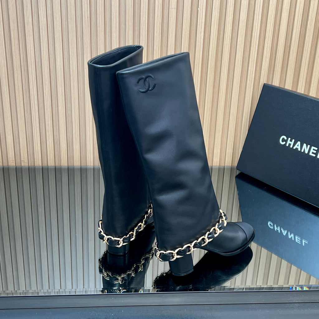 CHANEL 25S KNEE-HIGH HEELED BOOTS 65MM IN BLACK CALFSKIN GOLD HARDWARE