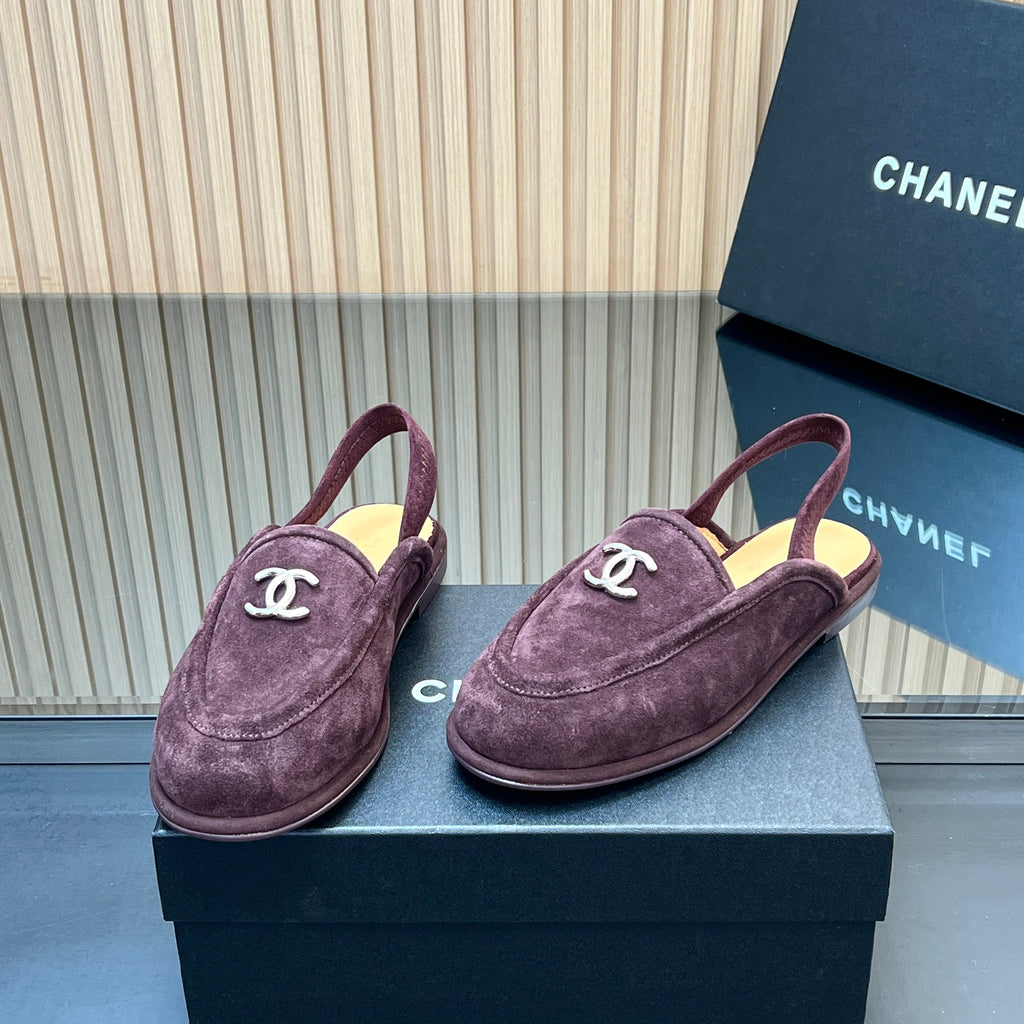 CHANEL 25S BACK STRAP MULE 15MM IN DARK PURPLE SUEDE SILVER HARDWRE