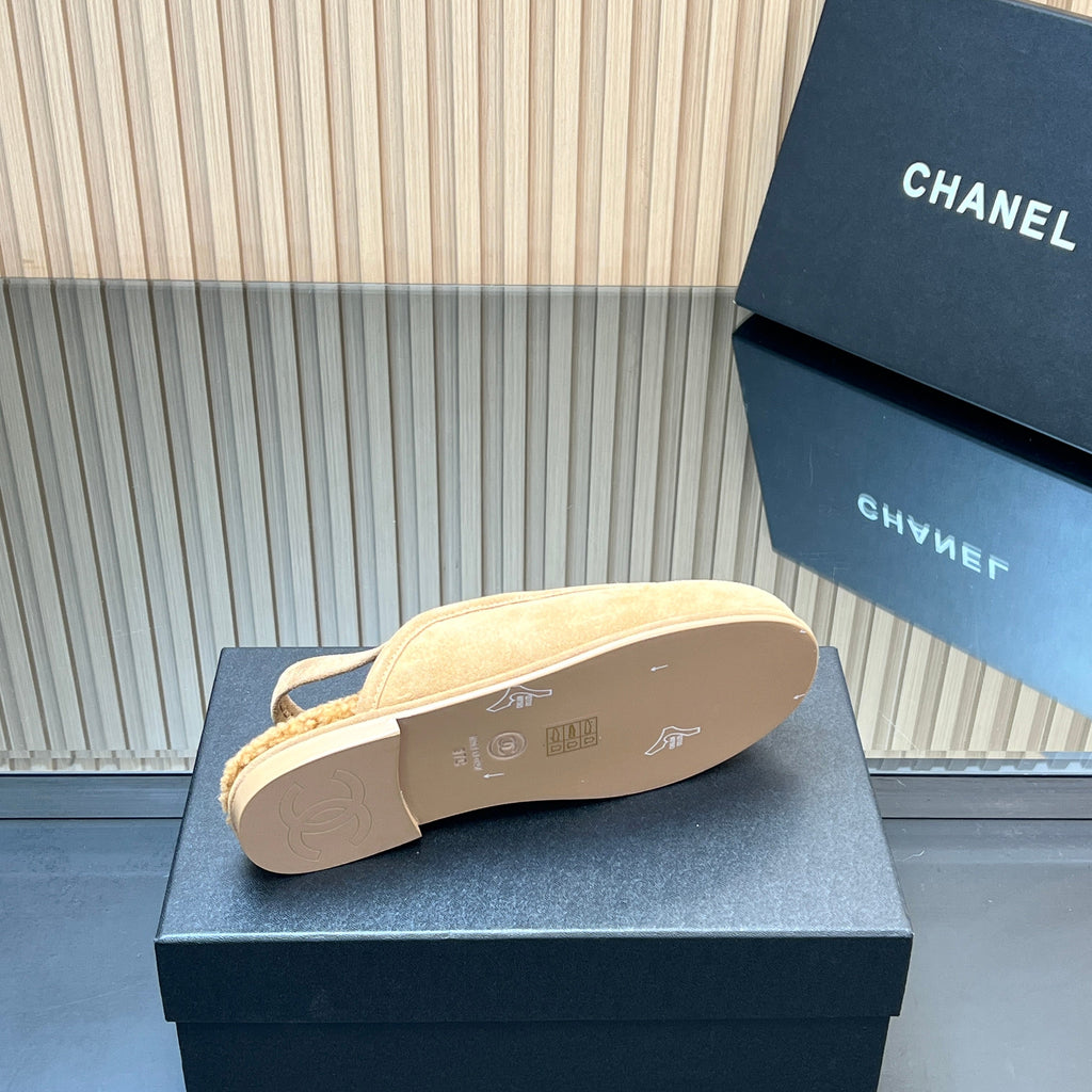 CHANEL 25S BACK STRAP MULE 15MM IN LIGHT BROWN SUEDE AND WOOL SILVER HARDWRE