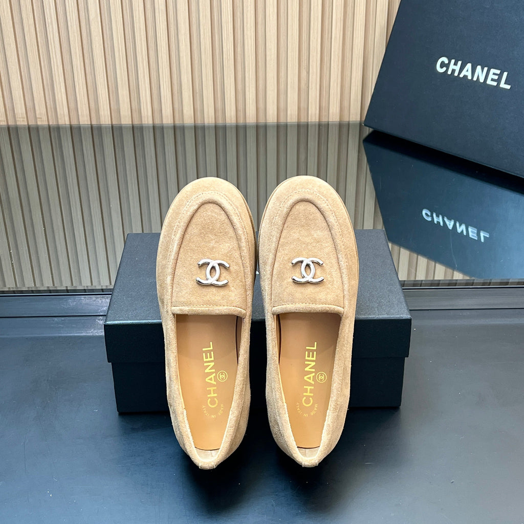 CHANEL 25S TEDDY LOAFER 15MM IN LIGHT BROWN SUEDE SILVER HARDWARE