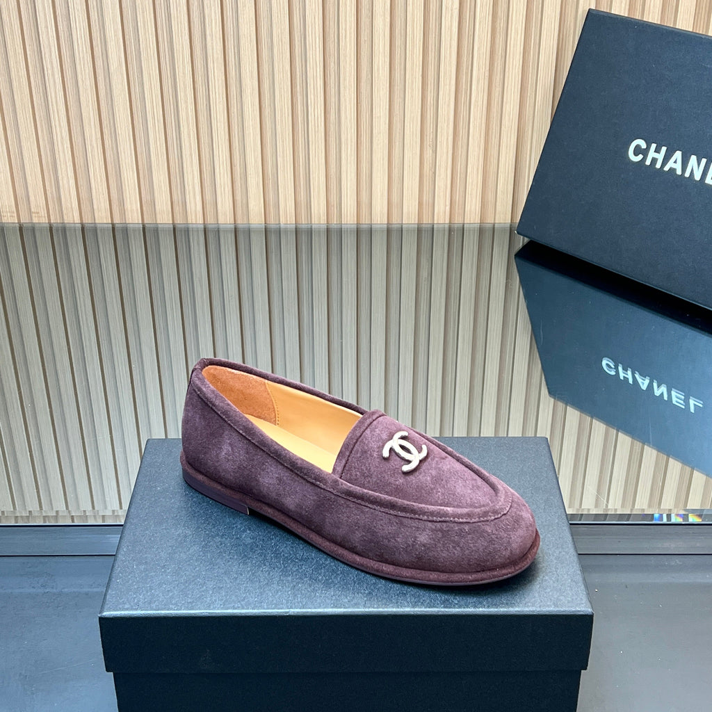 CHANEL 25S TEDDY LOAFER 15MM IN DARK PURPLE SUEDE SILVER HARDWARE