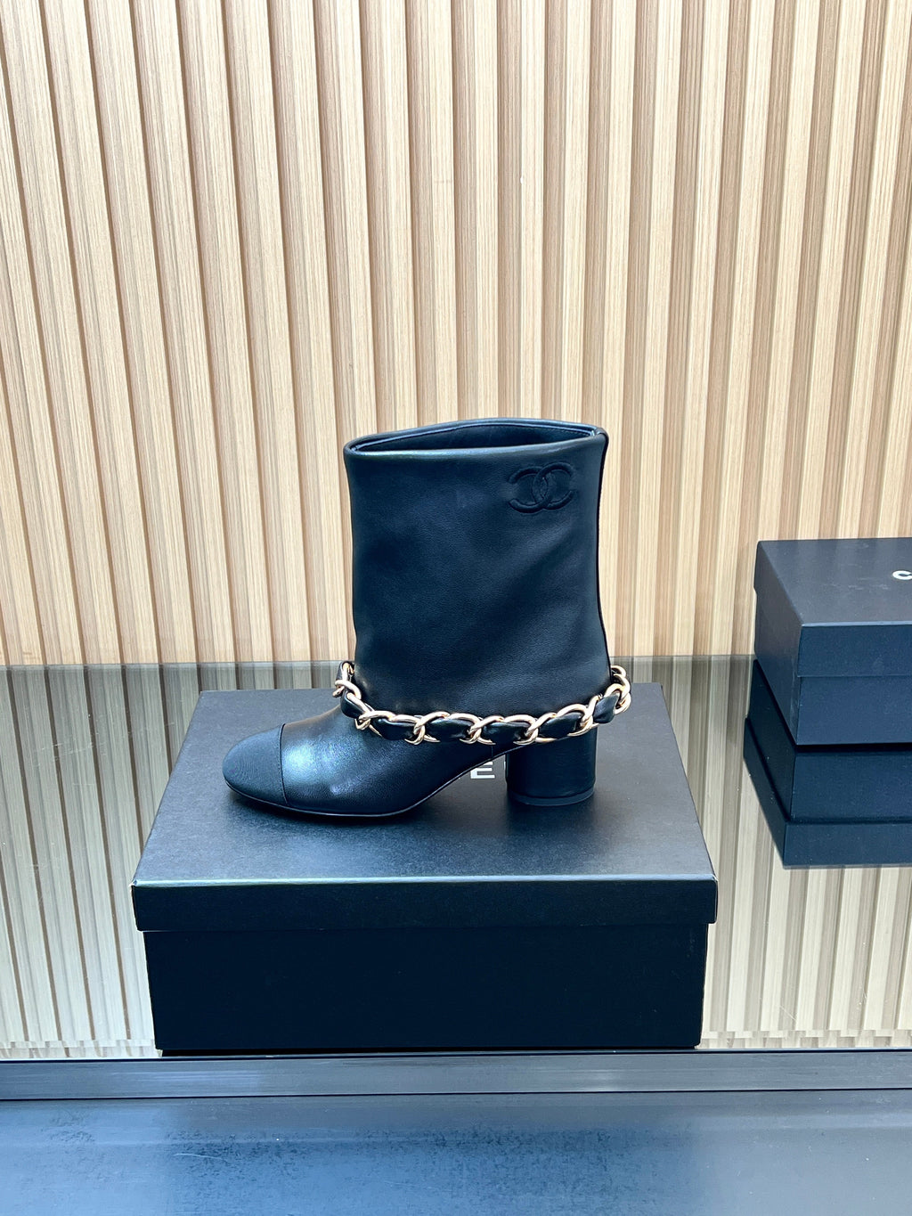CHANEL 25S LOW BOOTS 65MM IN BLACK CALFSKIN GOLD HARDWARE