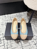 CHANEL BALLET FLAT 25S IN BLUE AND BEIGE RAFFIA