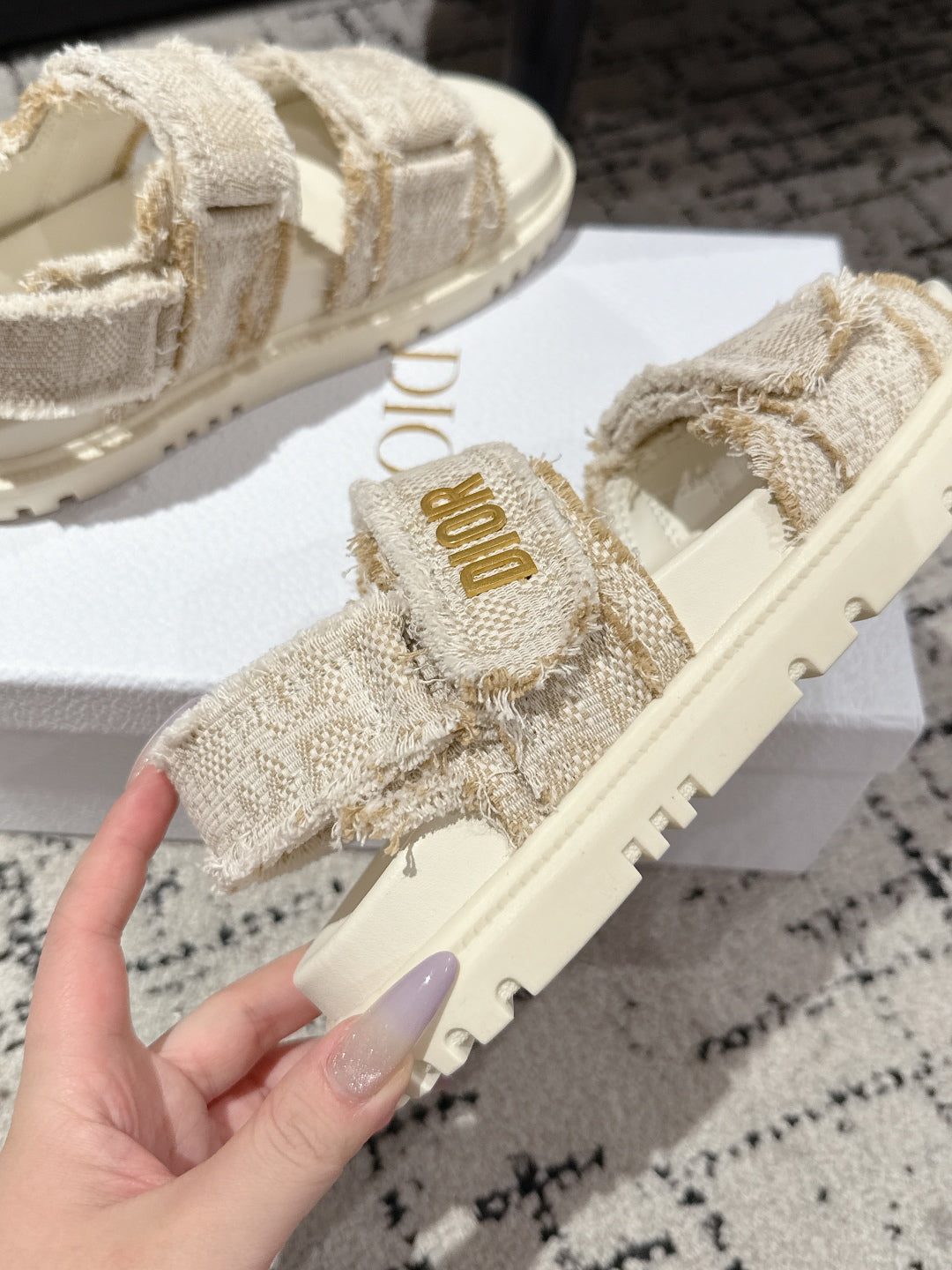 DIOR BACK-STRAP SANDALS 25S IN CREAM WHITE TWEED AND CALFSKIN WITH GOLD HARDWARE