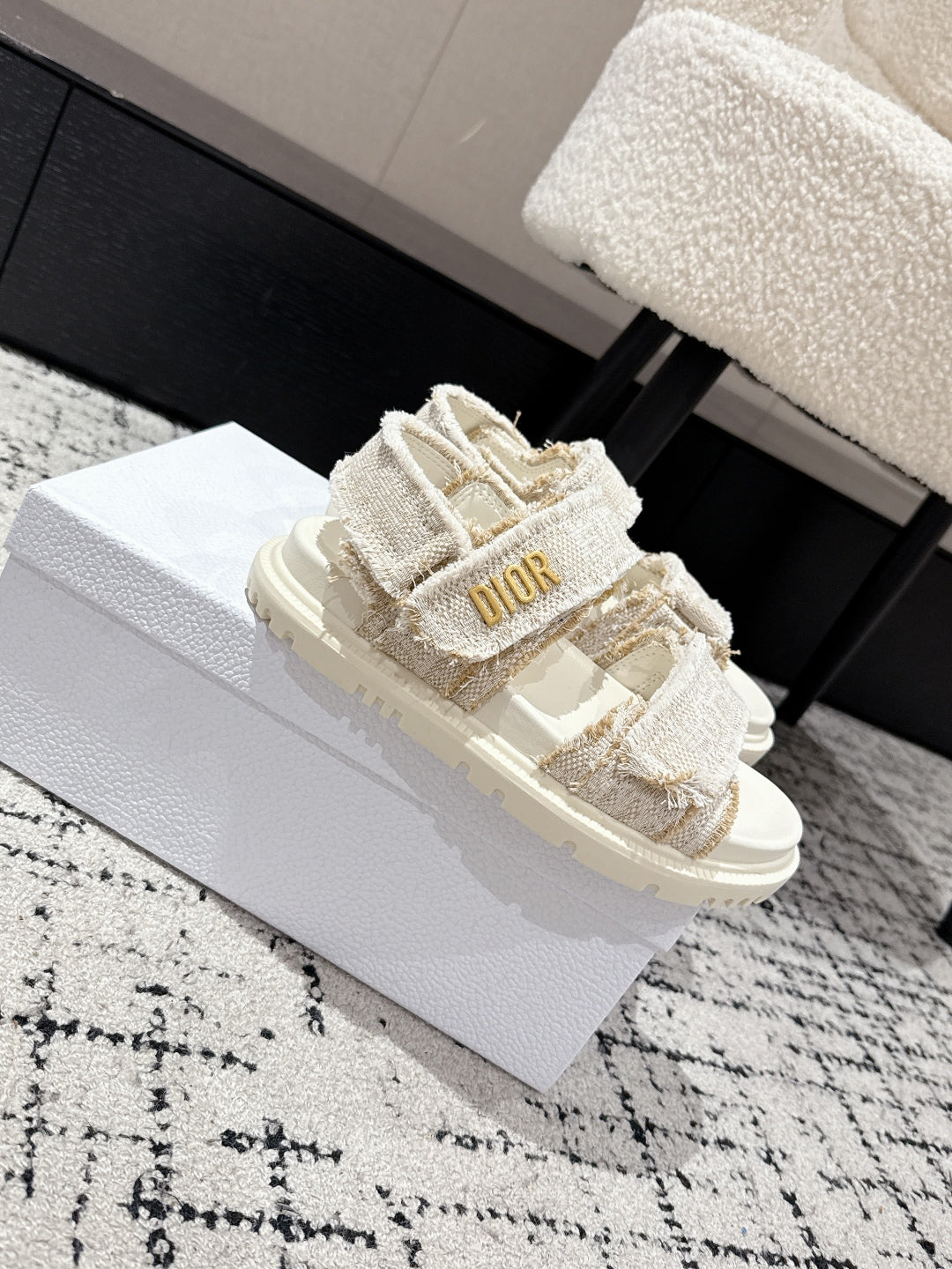 DIOR BACK-STRAP SANDALS 25S IN CREAM WHITE TWEED AND CALFSKIN WITH GOLD HARDWARE