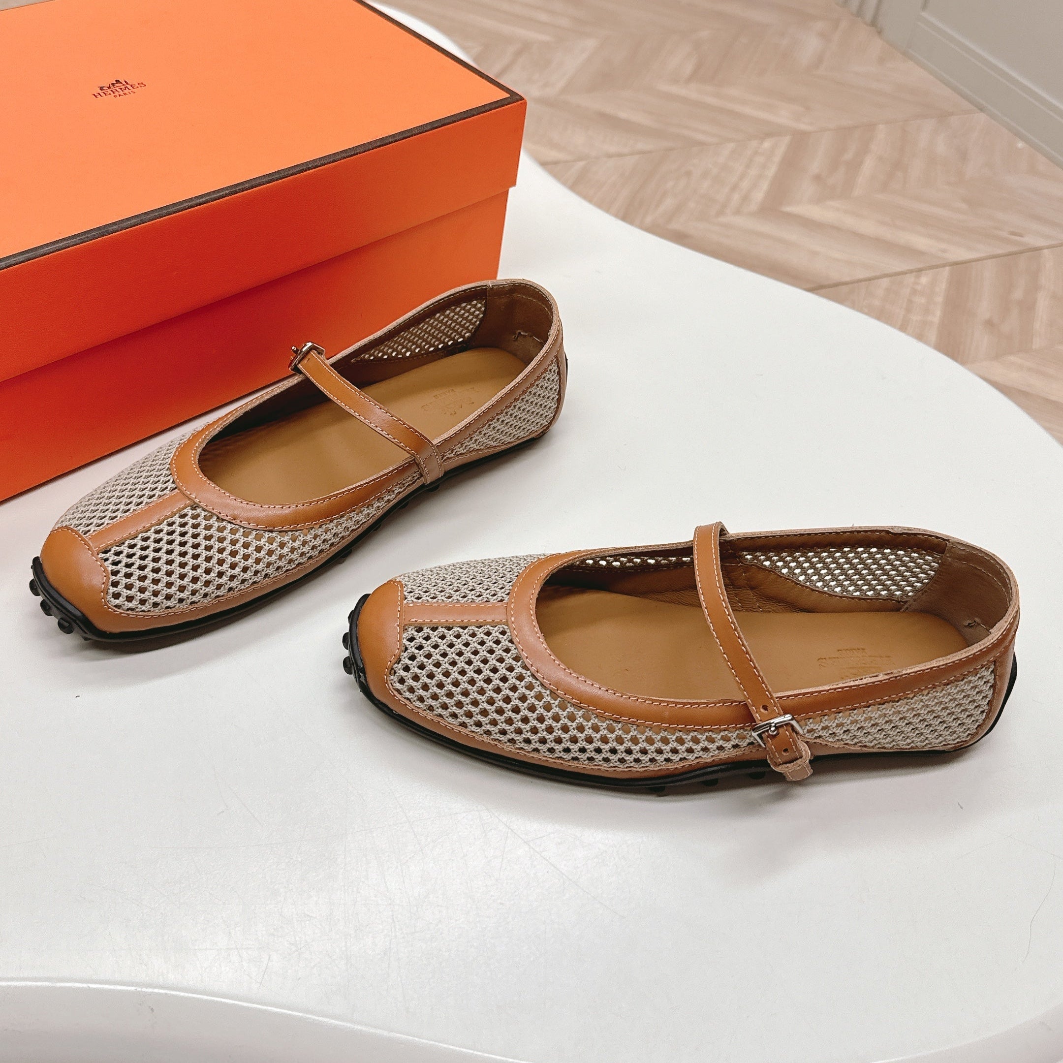 HERMES KICHU BALLET FLAT IN BRONZE BROWN CROCHET KNIT AND CALFSKIN