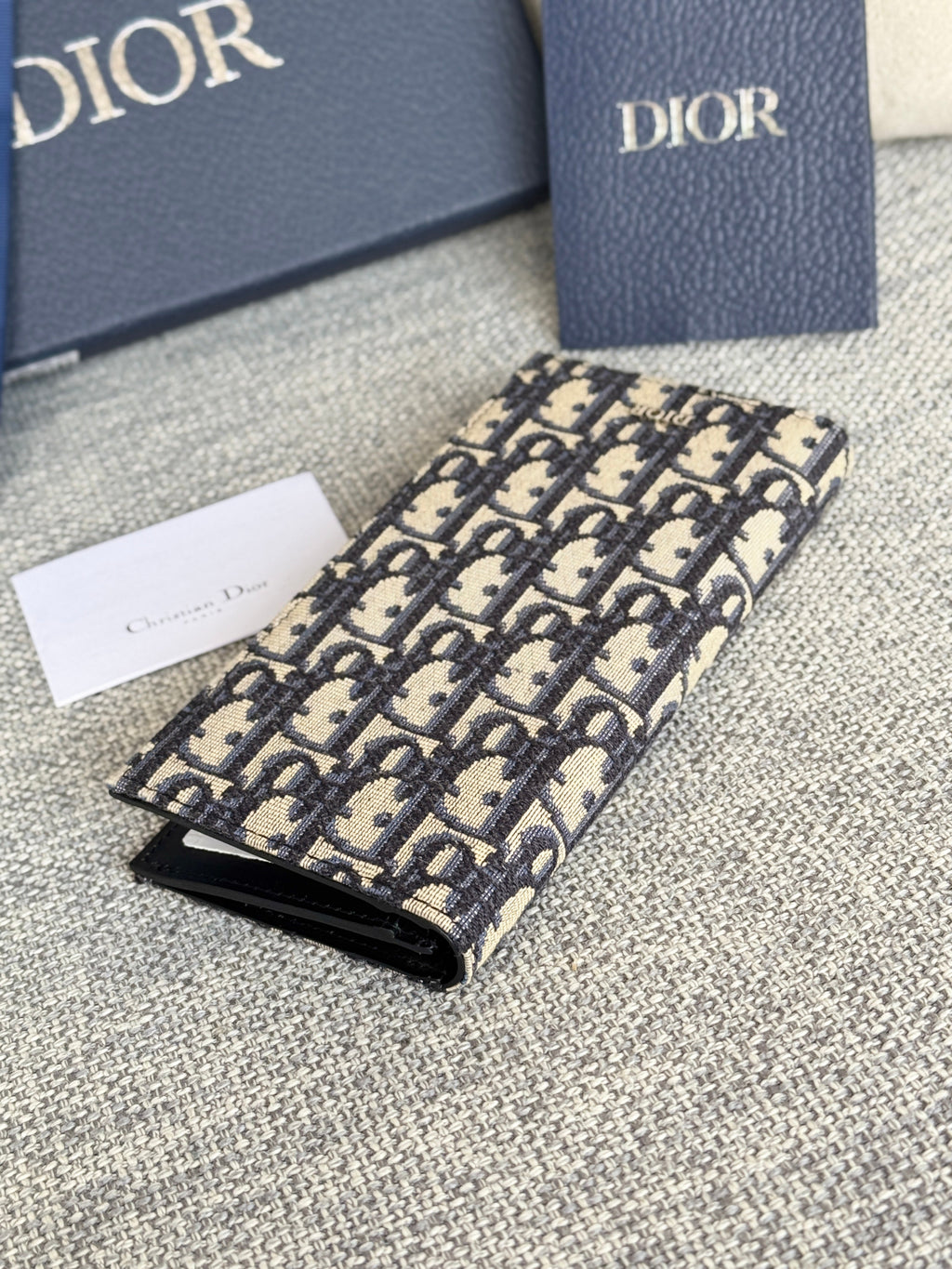 DIOR VERTICAL LONG WALLET 19 IN BLUE MONOGRAM OBLIQUE JACQUARD