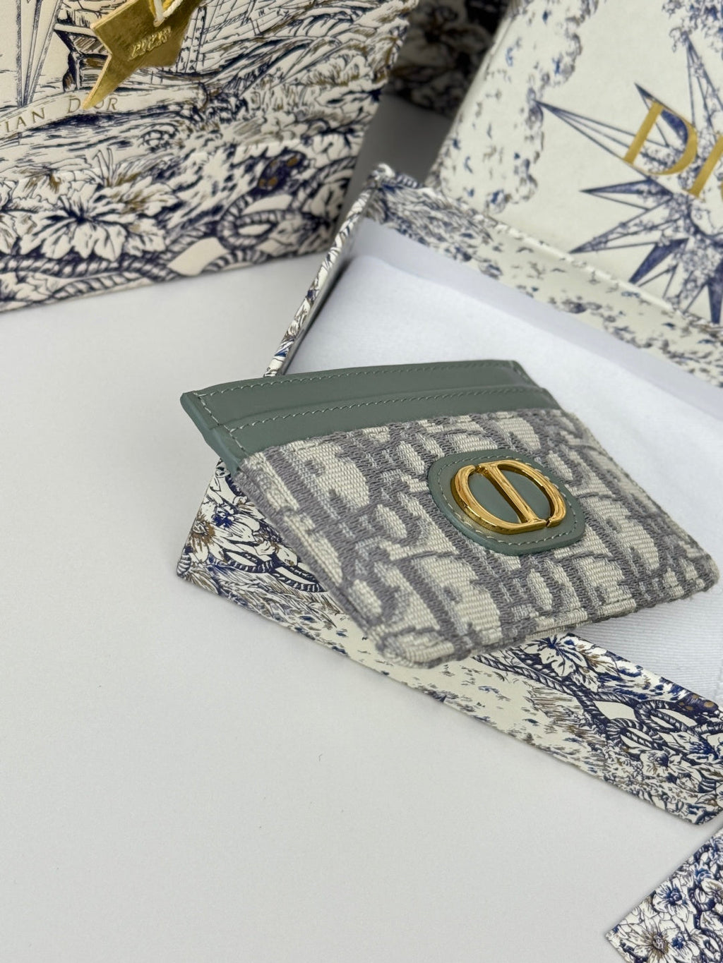 DIOR 25S 30 MONTAIGNE CARD HOLDER 10 IN GRAY GREEN OBLIQUE JACQUARD CANVAS