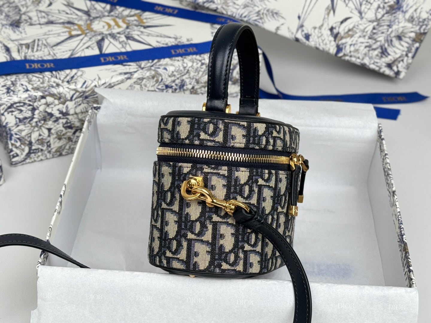 DIOR 25S CD SIGNATURE VANITY 16 IN BLUE  OBLIQUE JACQUARD CANVAS