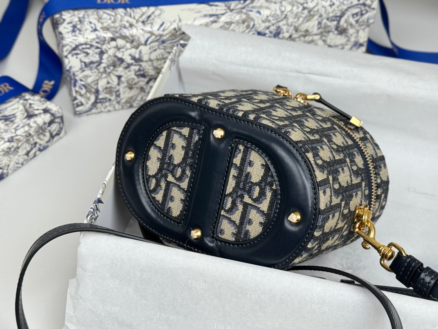 DIOR 25S CD SIGNATURE VANITY 16 IN BLUE  OBLIQUE JACQUARD CANVAS