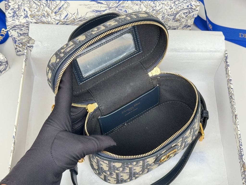 DIOR 25S 30 MONTAIGNE MINI VANITY CASE 16 IN BLUE  OBLIQUE JACQUARD CANVAS