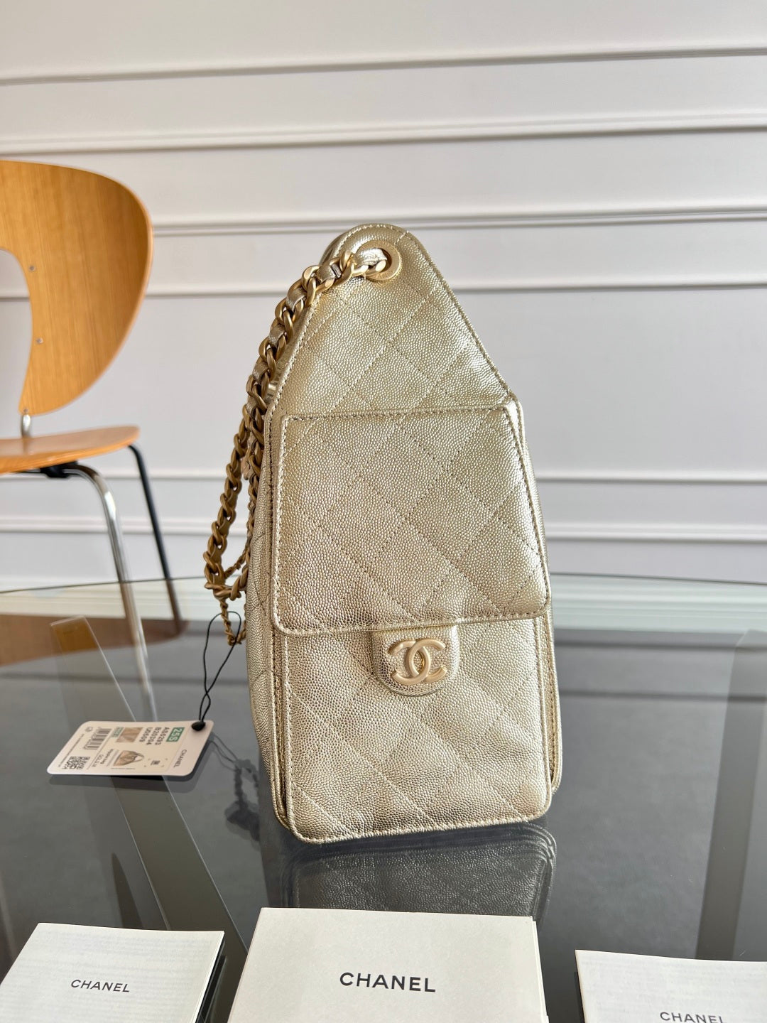 CHANEL 25S HOBO BAG 30 IN LIGHT GOLD METALLIC CAVIAR