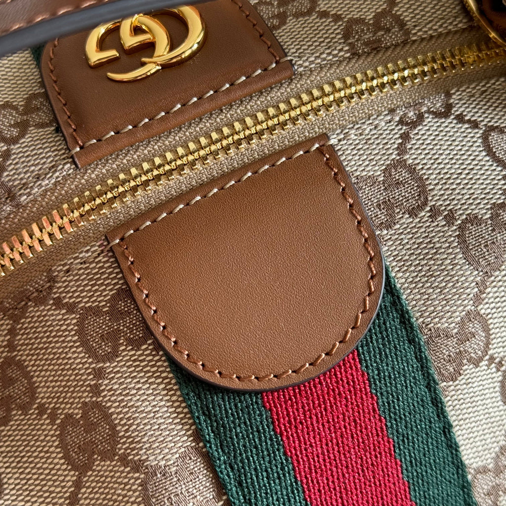 GUCCI 26S GIGLIO TOP HANDLE BAG 27 IN WARM BEIGE AND BROWN CANVAS