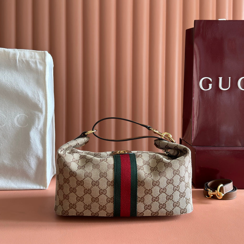 GUCCI 26S GIGLIO TOP HANDLE BAG 27 IN WARM BEIGE AND BROWN CANVAS