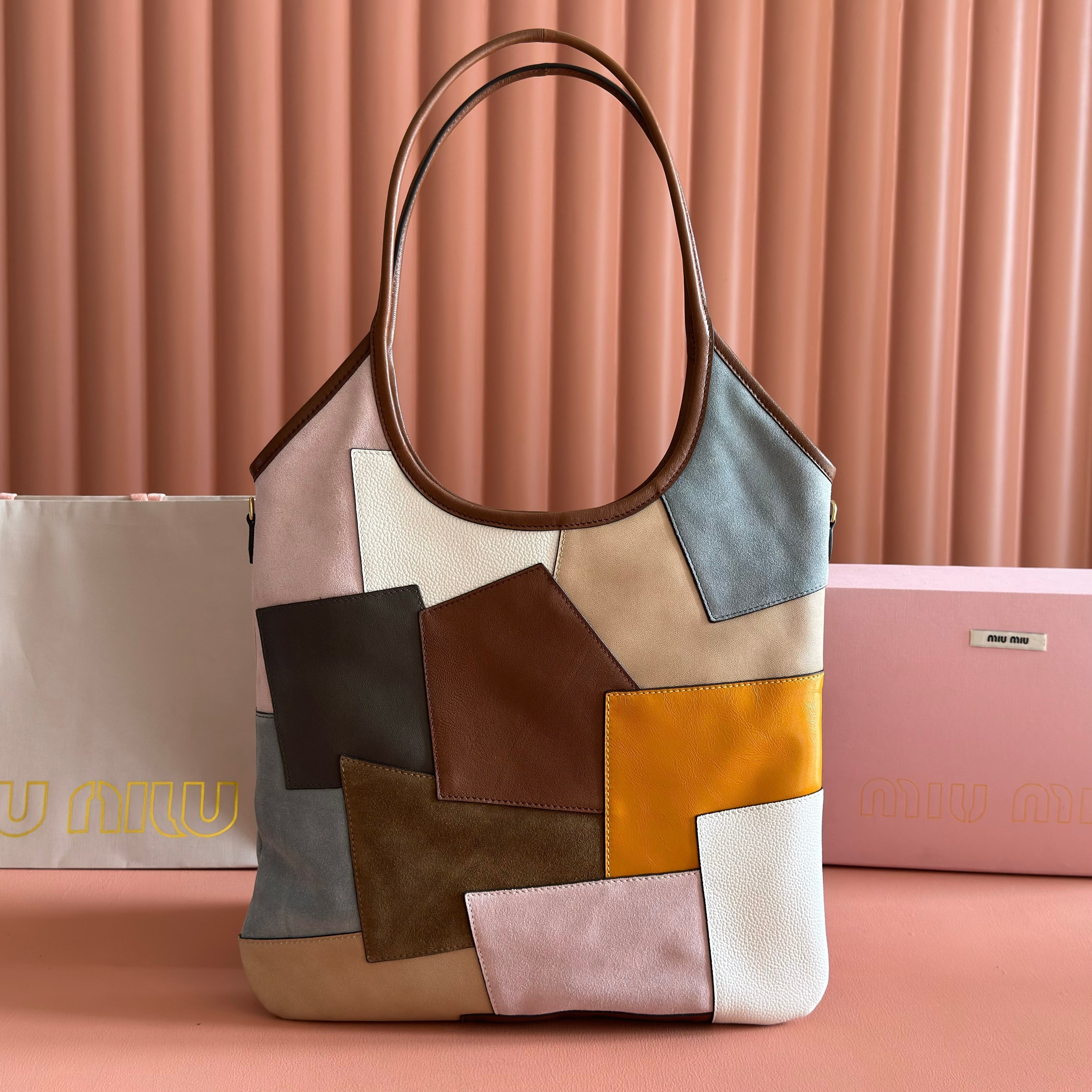 MIUMIU 26S IVY TOTE BAG 60 IN  COGNAC CALFSKIN PATCHWORK GOLD HARDWARE