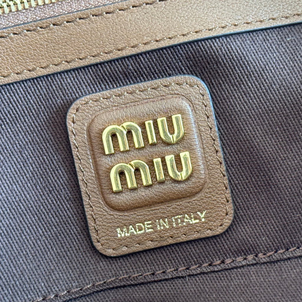 MIUMIU 26S BEAU TOP HANDLE BAG 28 IN COGNAC LEATHER PATCHWORK GOLD HARDWARE