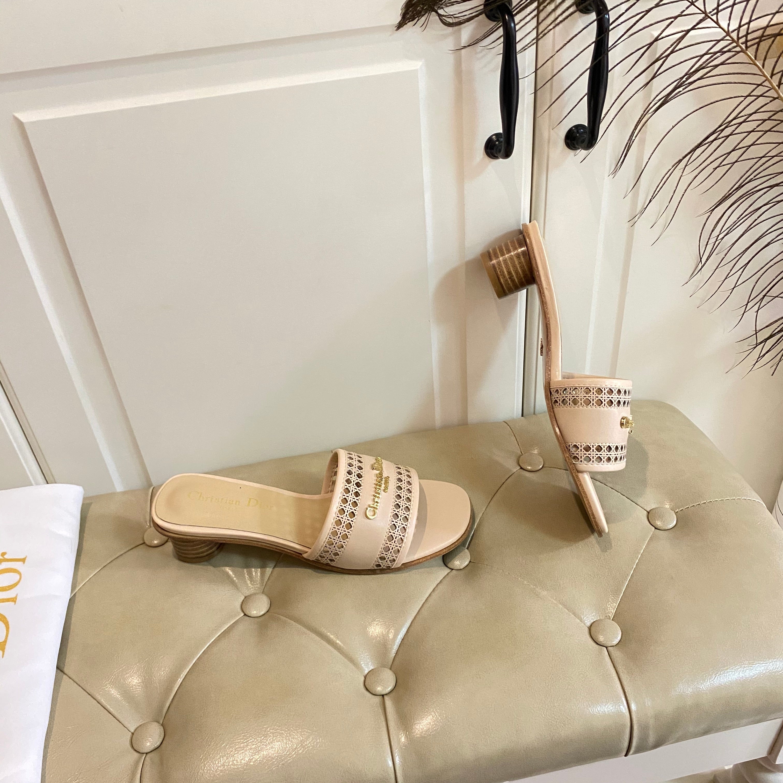 DIOR DWAY HEELED SLIDE IN CAMEL BEIGE CALFSKIN WITH GOLD LOGO