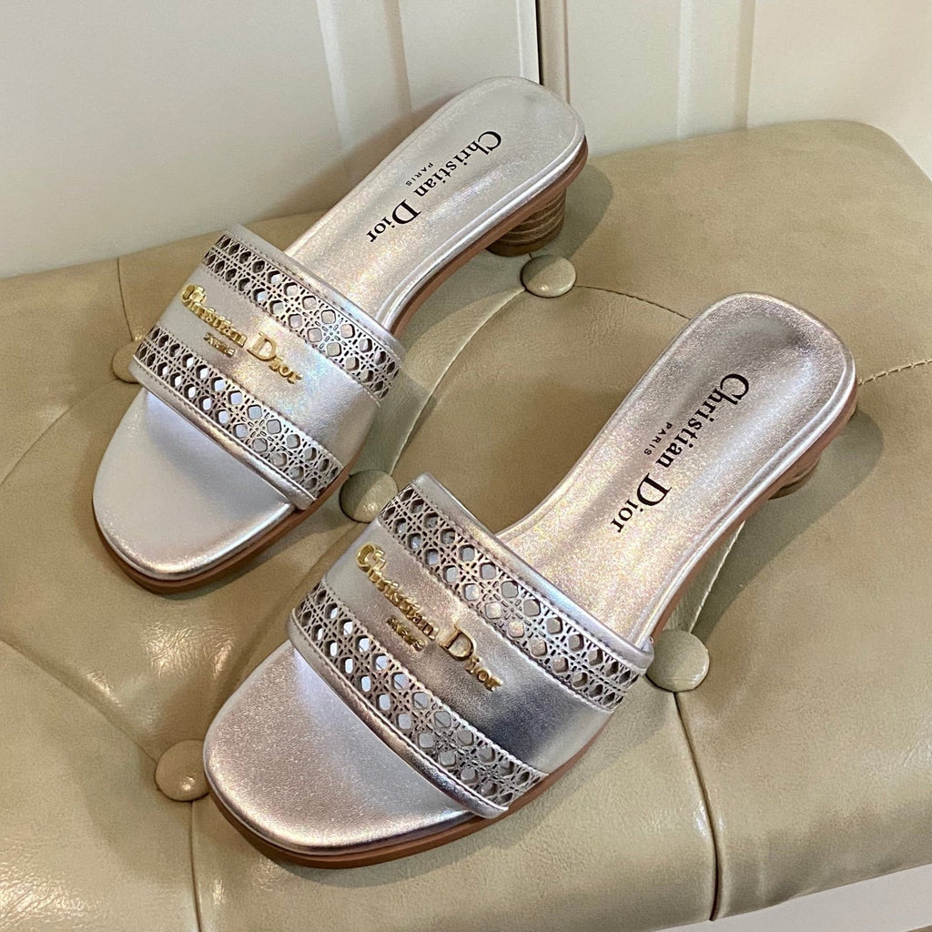 DIOR DWAY HEELED SLIDE IN SILVER CALFSKIN WITH GOLD LOGO