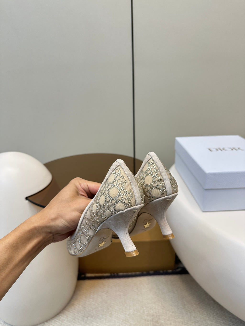 DIOR POINTED TOE HEELS 55MM IN NUDE MESH WITH RHINESTONES