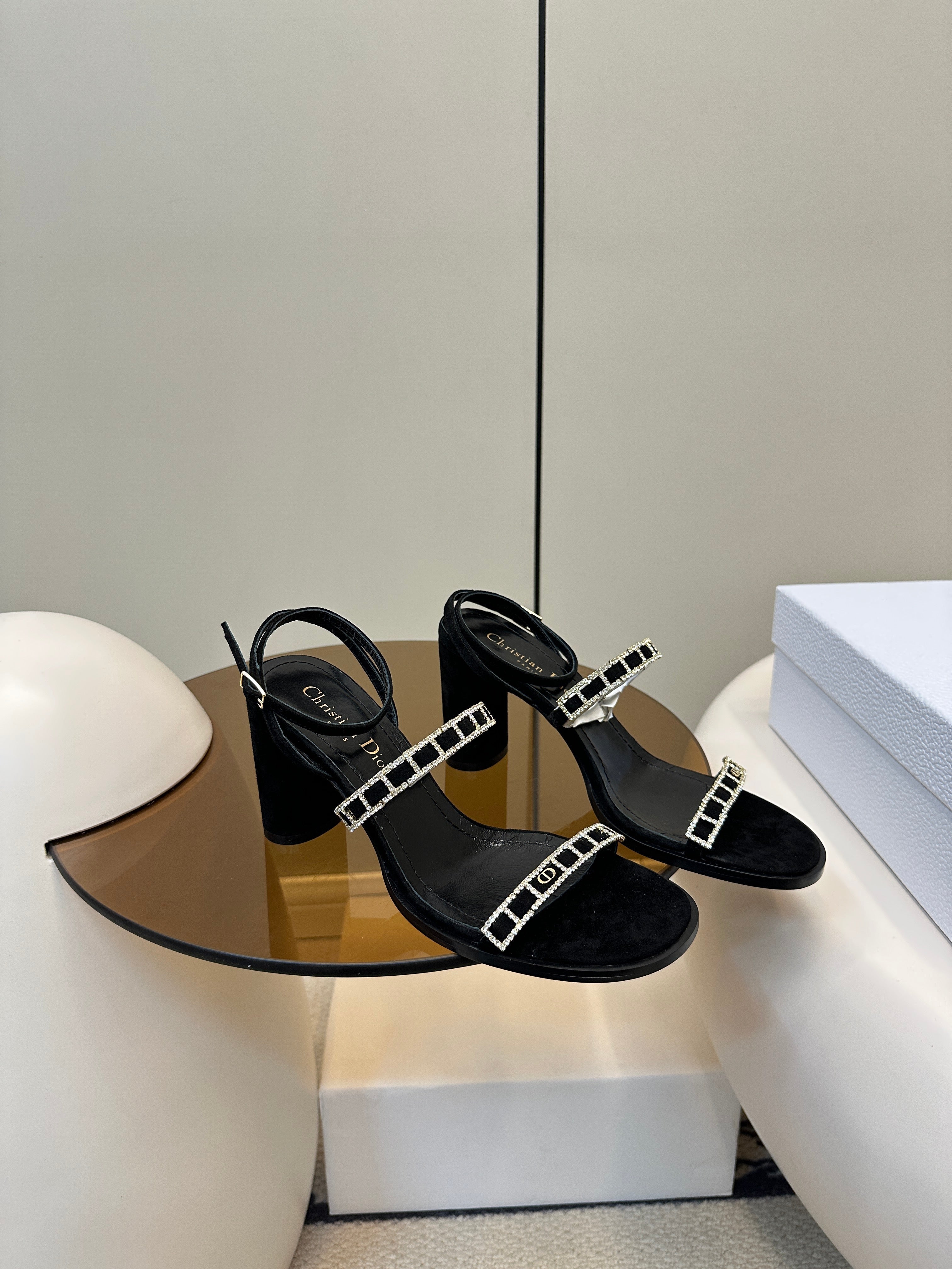 DIOR HIGH HEEL 25S SANDALS 85MM IN BLACK CALFSKIN RHINESTONES STRAP