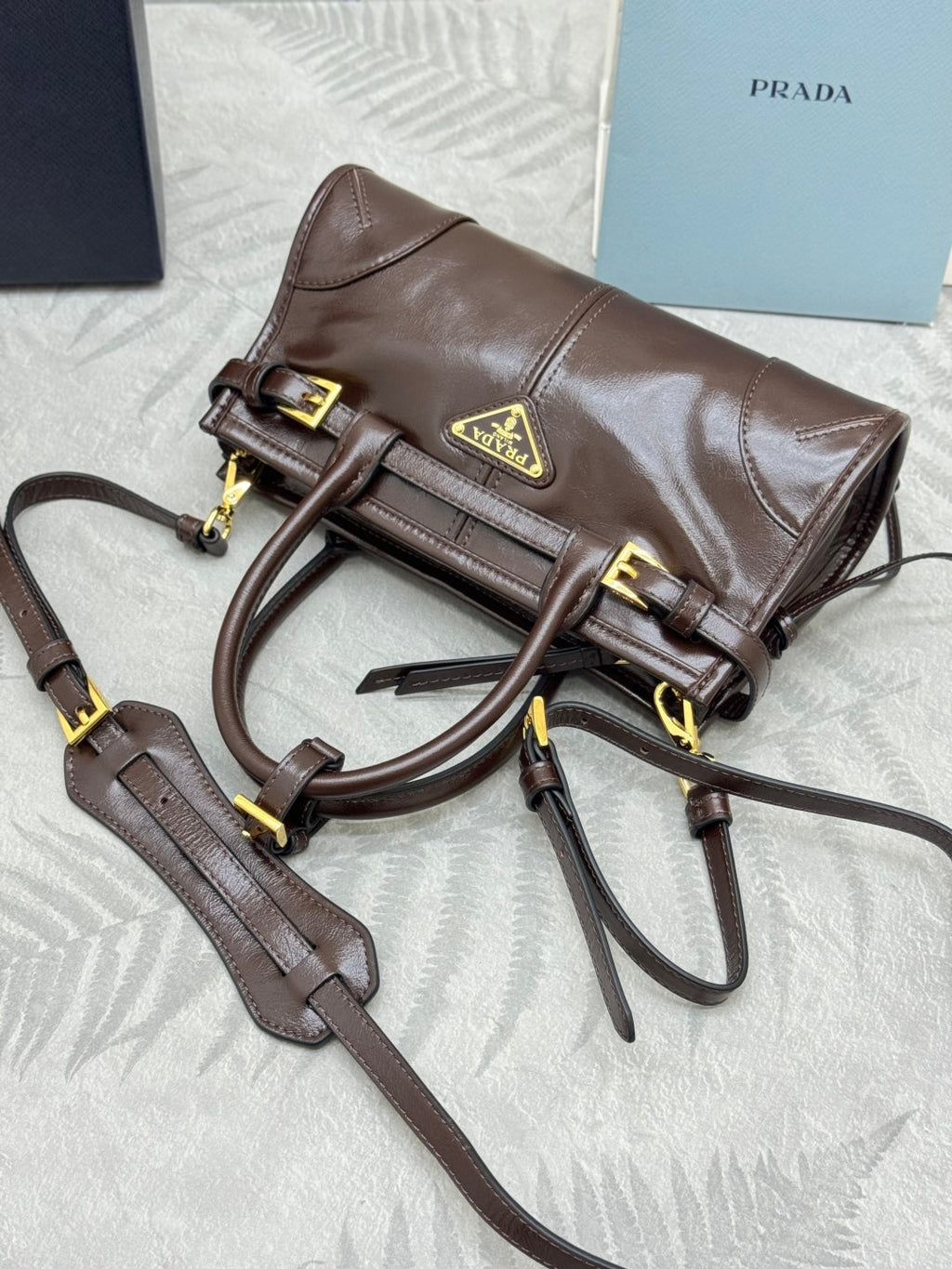 PRADA 25S BONNIE MINI HANDBAG 23 IN RK BROWN CALFSKIN GOLD HARDWARE