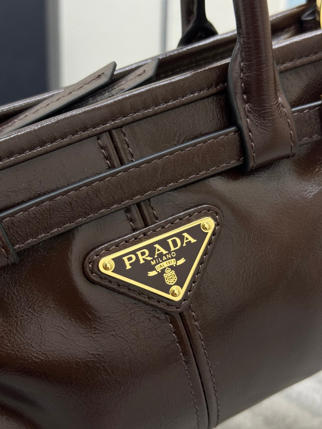 PRADA 25S BONNIE MINI HANDBAG 23 IN RK BROWN CALFSKIN GOLD HARDWRE