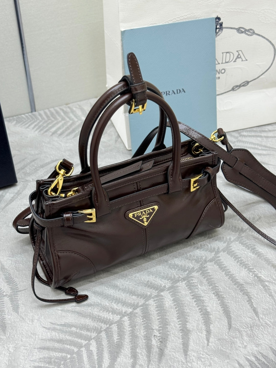 PRADA 25S BONNIE MINI HANDBAG 23 IN RK BROWN CALFSKIN GOLD HARDWARE